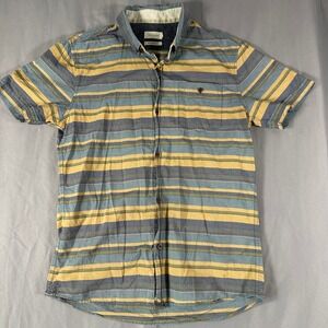 Zanerobe Mens Large Blue Yellow Striped Short Sleeve Button Down Cotton Shirt